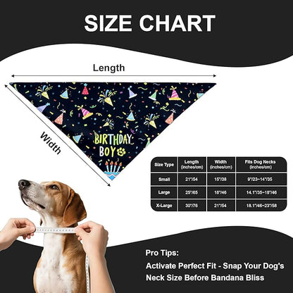 Dog Birthday Bandanas, 2-Pack Reversible 4 Patterns for Large X-Large Dogs - Black Boy & White Girl Birthday Scarf, Party Outfit Gift for Pups (18-23" Neck)