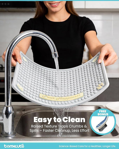 Tomxcute Extra Thick Pet Feeding Mat 19.7" x 14.2", BPA-Free Food-Grade PVC, Waterproof Raised Edge Non-Slip Bowl Mat for Cat Water Fountain & Automatic Feeder, Textured Fast-Drain, Brush Included