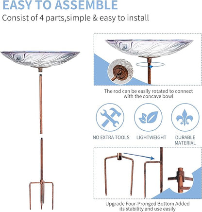 VCUTEKA Glass Bird Bath Outdoor BirdBath Garden Bird Feeder with Metal Stake