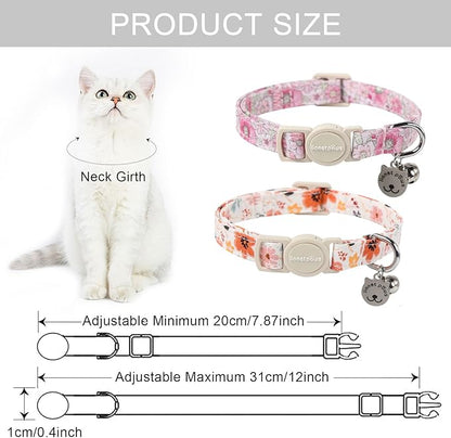 Lionet Paws 2pcs Pack Cotton Cat Collar,Breakaway Buckle with Floral Pattern and Brand Pendant Cute Adjustable Cat Kitten Collar,Ideal for Girl Cats