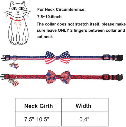 ADOGGYGO American Flag Cat Collars with Bow Bell, Breakaway Pet Bowtie Collar Red Blue Star Flag 4th of July Collars for Girl Boy Cats Kittens