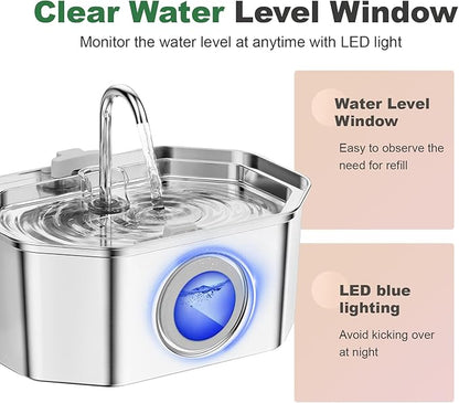 Cat Water Fountain Stainless Steel 108oz/3.2L, APAUK Automatic Pet Fountain Dog Water Dispenser with Water Level Window, Quiet Cat Fountain for Drinking, Inside with Replacement(2 Filters&2 Sponges)