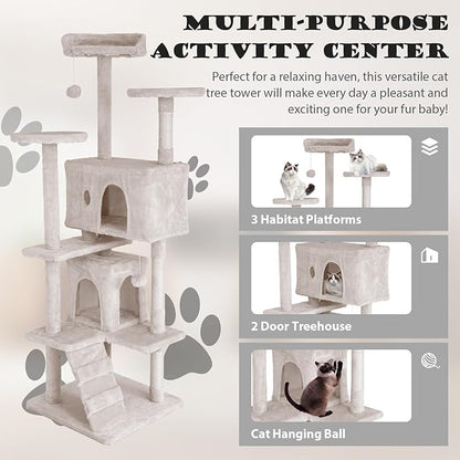 Heavy Duty Cat Tree Tower, 70" Tall Cat Tower for Indoor Cats with Cat Scratching Post with Bed, Cat Condo, Hanging Ball, Multi-Level Cat Climbing Tower Cat Trees Furniture Activity Center, Beige