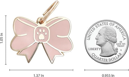 Two Tails Bow Pet ID Tag, Personalized Dog Name Tag with Custom Engraving, Cute Gold Bow Charm for Dogs & Puppies, Durable Brass with Gold Plating, Stylish Pet Accessory for Collars & Harnesses