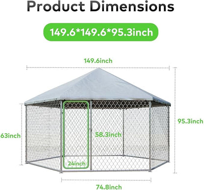 12x12 Outdoor Dog Kennel Outside Heavy Duty Dog Enclosure with Waterproof UV-Resistant Cover & Security Lock (149.6" L x 149.6" W x 95.3" H)