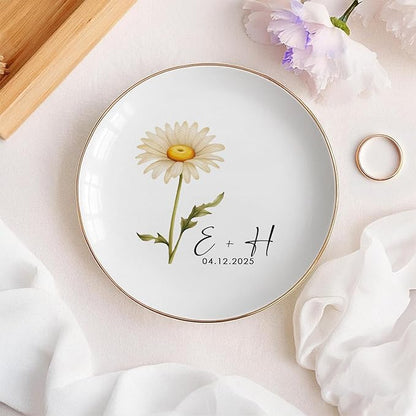 Personalized Floral Jewelry Dish, Engaged Ring Dish, Custom Trinket Dish Engagement Gift for Newly Engaged Couple, Mr and Mrs Ring Dish Just Married Valentines Gifts Keepsake