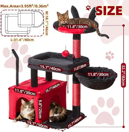 Taoqimiao MS043BR Cat Tree, 32.2-Inch Cat Tower for Indoors Cats, Cat Condo with Large Cat Perch, Spacious Cat Cave, Scratching Posts for Small and Medium Cats, Black and Red