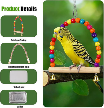 Portable Parrot Travel Cage Carrier with Small Swing Toy&Cage Colorful Toys Set Small Bird Parakeet Bag with Standing Perch Bird Carry Transport Backack