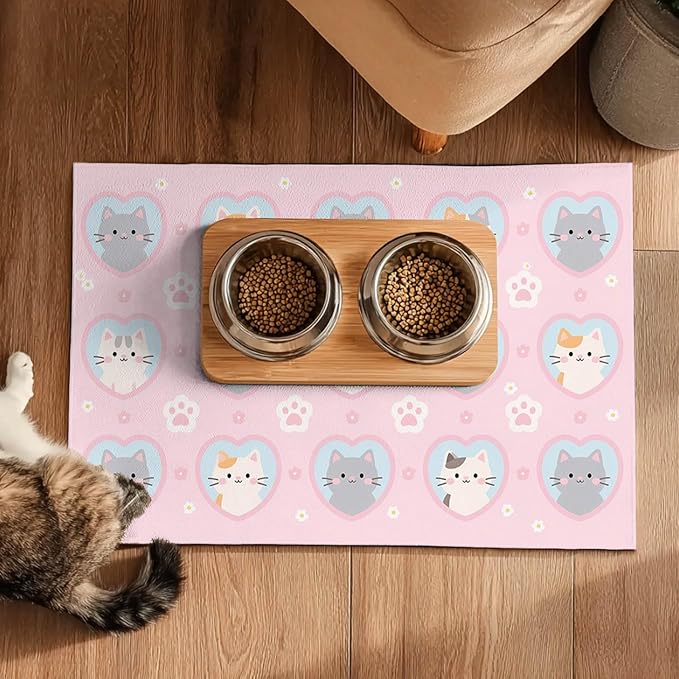 Cat Feedings Mats 20x12 inch Pink Kitten Print Pet Bowl Placemat Non Slip Mat for Cat Food and Water Indoor Kitty Feeding Station Cute Cats Meal Mats for Small Pets Kitchen Floor Use