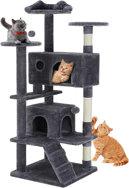 Sweetcrispy 54-Inch Cat Tree Tower – Multi-Level with Sisal Scratching Post, Perfect Pet Gift, Indoor Condo with Climbing Ladder, Plush Toy, and More Animal Stuff, Grey