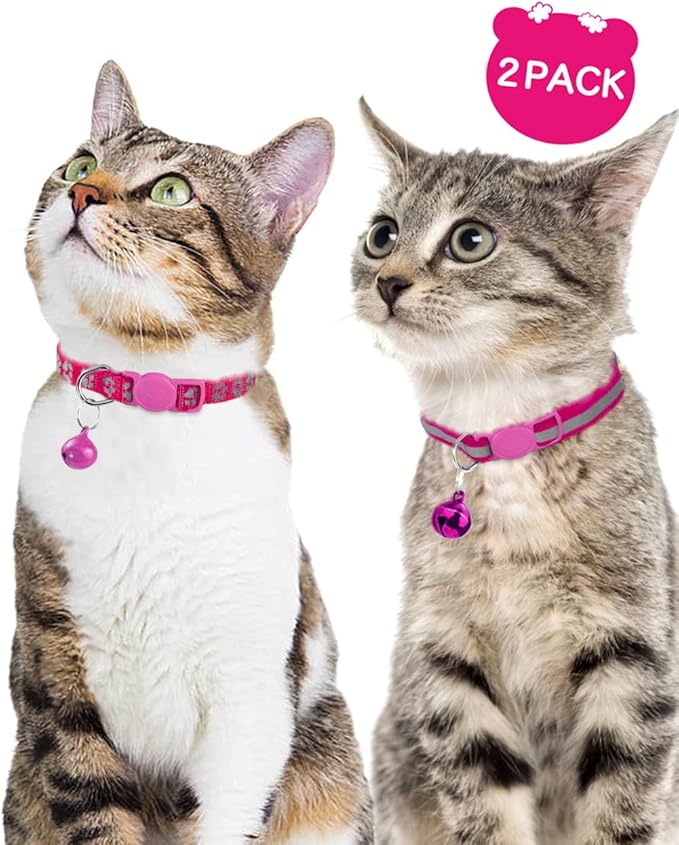 Taglory Reflective Cat Collar Breakaway with Bells, 2 Pack Girl Boy Pet Cat Collar Adjustable 7.5-12.5 Inch, Hotpink