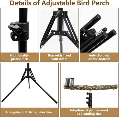kathson 28-60inches Height Adjustable Bird Perch, Pepperwood Parrot Perch Stand with Feeding Cup, Multi-Purpose Bird Perches for Indoor and Outdoor Use, Designed for Small Medium Birds (3 PCS)