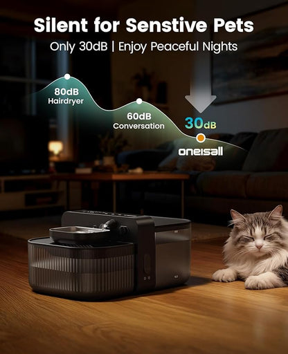 oneisall Wireless Filterless Cat Water Fountain, Separate Clean and Dirty Water Pet Fountain with Stainless Steel Bowl, 3.5L/118oz Quiet No Filter Smart Automatic Cat Water Dispenser Indoor, Black