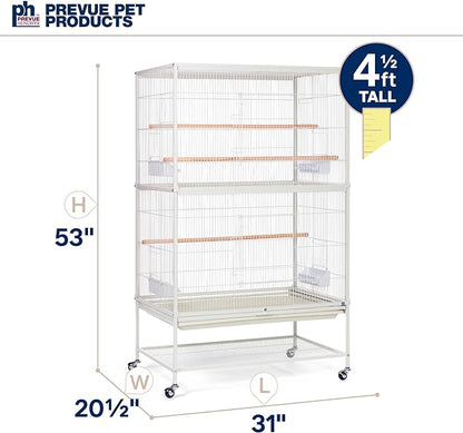 Prevue Pet Products Wrought Iron Bird Flight Cage with Wheels - Large Birdcage for Parakeets, Canaries, Finches, Cockatiels, Lovebirds, Green Cheeks, Metal Standing Birdcage - Chalk White