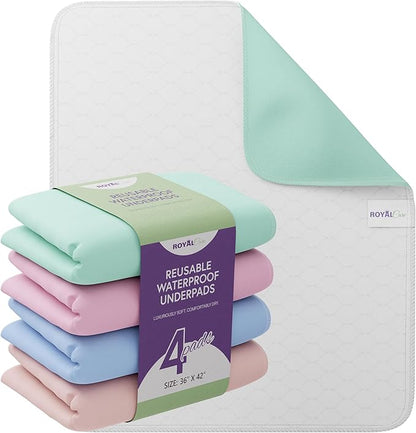 Incontinence Bed Pads - 4 Pack Reusable Waterproof Sofa, Mattress Protectors - Highly Absorbent, Machine Washable - for Children, Pets and Seniors - Assorted Colors (36" x 42" - 4 Pack - Multi Color)