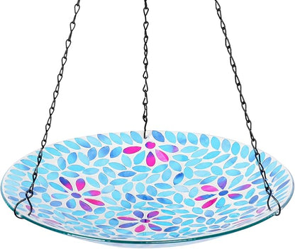 VCUTEKA Hanging Bird Bath, Glass Mosaic Bird Baths for Outdoors Birdfeeder with 21 inch Rust-Proof Chain for Garden Yard Decor, Flower