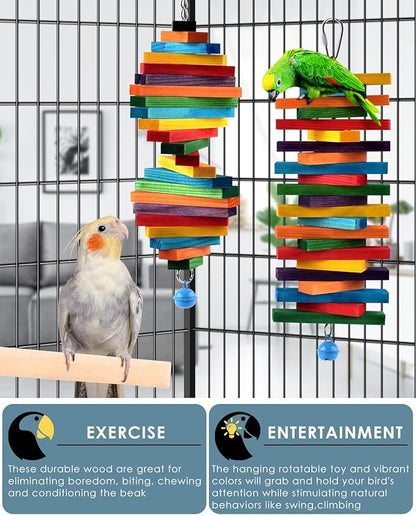 Bissap 2 PCS Bird Chew Toys, Multicolored Bagel Cascade Bird Parrot Chewing Sticks Biting Wooden Blocks Toy for Small Medium Conure Parakeet Cockatiels Lovebird Similar Sized Pet Birds