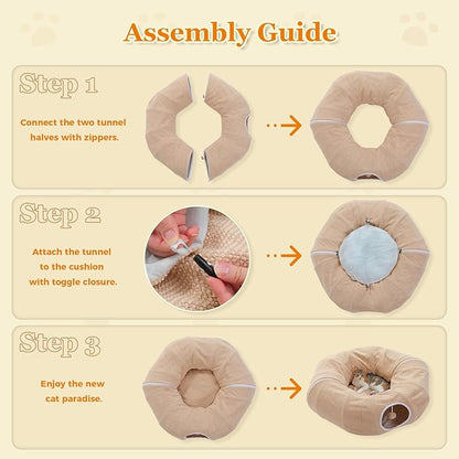 PEQULTI Cat Donut Tunnel with Bed for Indoor Cats, Cat Play Tunnel with Washable Soft Plush Mat, Round Tube Toys Cute Tube for Kittens, Puppies, Rabbits and Ferrets, Beige