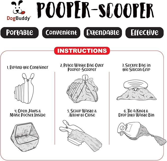 DogBuddy Pooper Scooper, Portable Dog Pooper Scooper, Poop Scooper for Small and Large Dogs, Pooper Scooper with Bag Attachment, Leash Clip and Dog Waste Bags Included (Large, Mist)