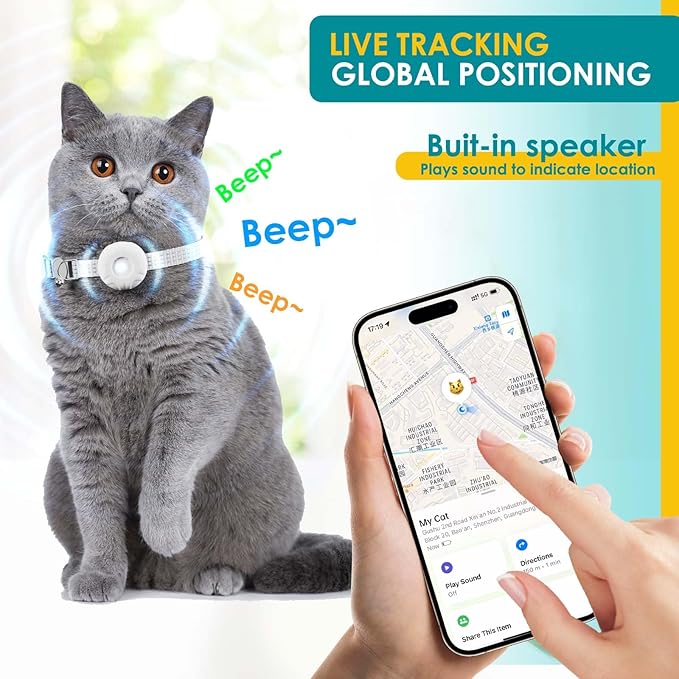 Smart Cat GPS Tracker, Compatible with Apple Find My App (Only iOS), No Monthly Fee, Waterproof (White Tracker, White Cat Collar)