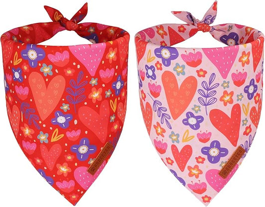 ADOGGYGO Valentines Dog Bandana 2 Pack, Heart and Floral Print Pet Scarf Bib, Adjustable Fit Red Pink Valentines Bandanas for Medium Large Dogs (Large)