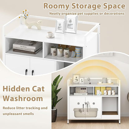 Giantex Cat Litter Box Enclosure - Cat Washroom Hidden Furniture with Front Entry, Scratcher, 2-Door Storage Cabinet, 2 Compartments, Air Vents, Metal Frame, Wooden Pet Crate House (White)