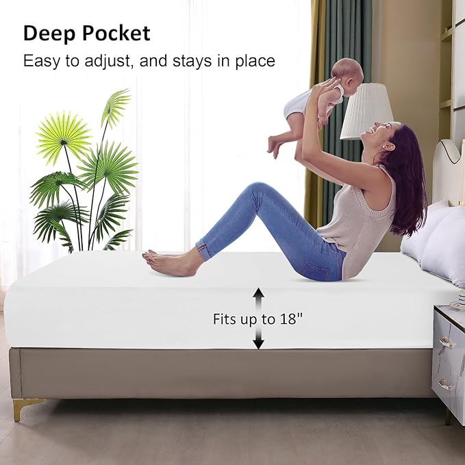 Twin Mattress Protector Waterproof, Fitted Sheet Style Breathable Mattress Cover with Deep Pocket Fits Up to 18'', Noiseless Bed Cover for Kids Adults Pets, Machine Washable (White, 39'' X 75'')