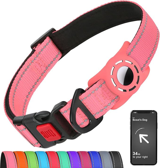 Airtag Dog Collar with AirTag Holder for Medium Dogs, Reflective, Soft Padded & Safety Locking Buckle, Nylon Pet Collars Adjustable for All Breeds, Pink,M