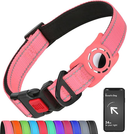 Airtag Dog Collar with AirTag Holder for Large Dogs, Reflective, Soft Padded & Safety Locking Buckle, Nylon Pet Collars Adjustable for All Breeds, Pink,L