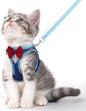 Cat Vest Harness and Leash Set for Walking, Escape Proof, Adjustable Kitten Harness Breathable Mesh with Reflective Strips, Detective Conan-Inspired Design with Glasses and Bow, Blue, L