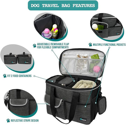PetAmi Dog Travel Organizer with Food Container and Bowls, Weekend Camping Accessories - Charcoal, Medium