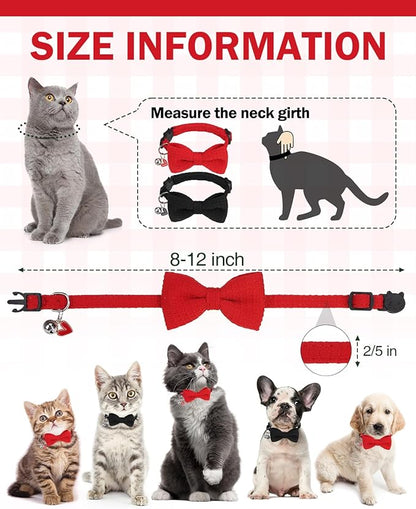Cat Collar Breakaway with Bells, Soft Cotton Red Cat Bowtie Collar for Girl Cats, Small Cats Collar with Bow for Spring Summer, 2 Pack Cute Kitten Collars with Removable Bowtie 8-12Inch