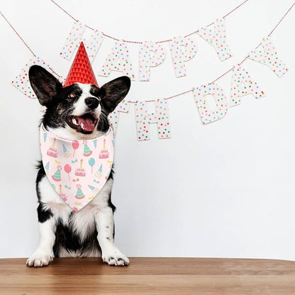 Birthday Dog Bandanas, Double Side All 4 Patterns Reversible Large Pet Bandanas 2 Pack, Celebration Set, Plaid Adjustable Triangle Holiday Pink Green Scarves for Dogs Girl Boy Pets