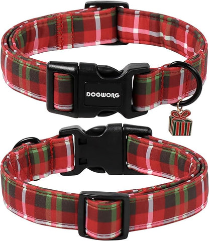 DOGWONG Christmas Plaid Dog Collar, Cute Adjustable Red Collar for Boy and Girl Dogs, Dog Collar with Strong Plastic Buckle for Small Medium Large Dogs,M