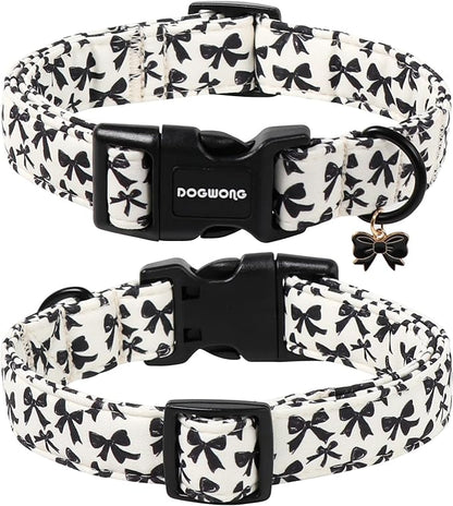 DOGWONG Cute Dog Collar, Black Bow Pattern Dog Collar, Girl Female Dog Collars with Strong Plastic Buckle for Small Medium Dogs,M