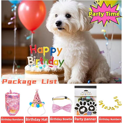 Happy Birthday Dog Party Supplies Kit - Dog Party Hat, Bandana, Bowtie & Happy Birthday Banner Decorations for Small Dogs, Puppy Birthday Outfit Accessories & Pet Birthday Party Decor (Pink)