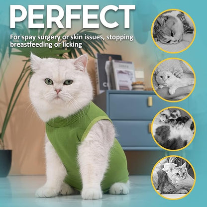 Avont Cat Recovery Suit - Kitten Onesie for Cats After Surgery, Cone of Shame Alternative Surgical Spay Suit for Female Cat, Post-Surgery or Skin Diseases Protection -Green(L)