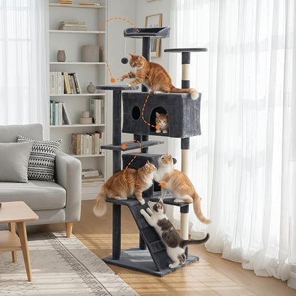 Sweetcrispy 80 Inch Cat Tree Tower, Multi-Level with Cat Scratching Post, Indoor Cat Condo with Climbing Ladder, Plush Toy, Play House for Cat, Dark Grey