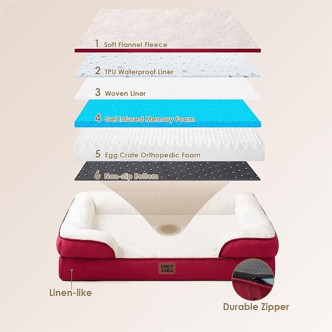 EHEYCIGA Orthopedic Dog Bed for Medium Dogs, Waterproof Memory Foam Medium Dog Beds with Sides, Non-Slip Bottom and Egg-Crate Foam Pet Couch Bed with Washable Removable Cover,Red
