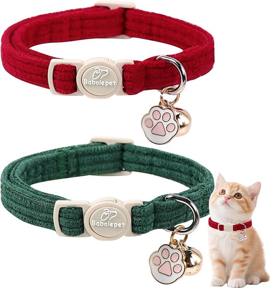 2 Pack Corduroy Cat Collars - Cute Breakaway Cat Collar with Bell and Paw Pendant, Soft Adjustable Fall Winter Kitten Collars for Girl Boy Cats, Green&Burgundy