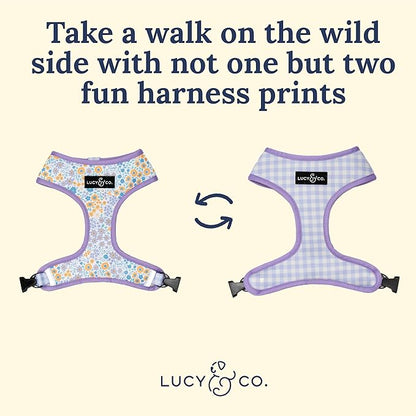 Lucy & Co. Cute Reversible Dog Harness Walking Halter - Best Designer Pet Harnesses for XS - XL Dogs - Padded Adjustable Vest for Easy Walking (X-Large, Among The Wildflowers - Purple Floral)