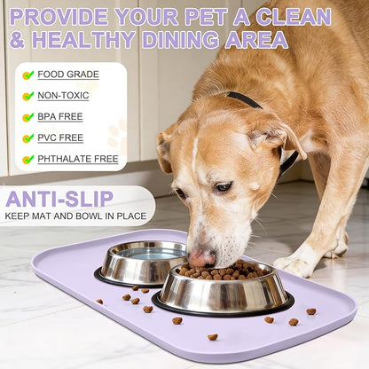 Silicone Pet Food Mat with Raised Edge for Food and Water Bowl, Dog Feeding Mats, Cat Food Trays for Floor Waterproof, Rubber Tray for Dogs and Cats, 22 x 14 x 0.8 Light Purple