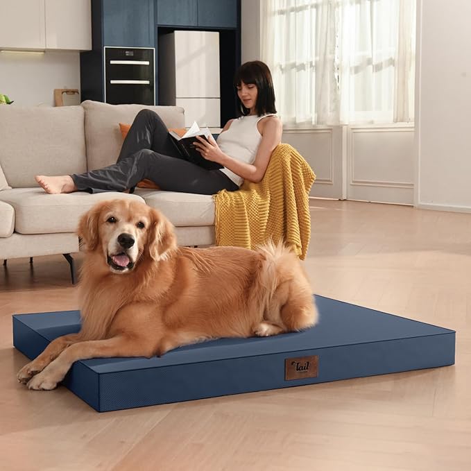 Outdoor XXL Dog Bed Waterproof, Dog Bed for Extra Large Dogs, Orthopedic Egg Crate Foam Pet Bed with Washable Removable Oxford Cooling Cover, 47x29 Inch, Navy