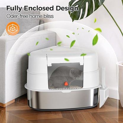 XL Stainless Steel Corner Cat Litter Box with Lid - Sturdy, No Odor & Space-Saving Hidden Design for Large Cats, White