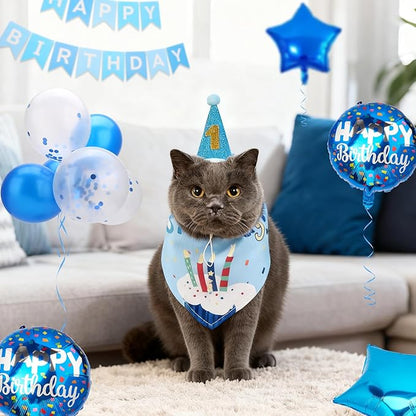 Dog & Cat Birthday Party Decorations Set Include Bandana, Adjustable Hat, Balloons, Happy Birthday Banner for Male and Female. Available for Small & Medium & Large Breeds (Blue)
