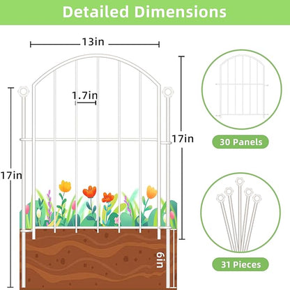 Decorative Garden Fence 17in x30ft, 30 Pack Rustproof Metal No Dig Fence Animal Barrier for Dog, Arched Flower Bed Edging Ornamental Wire Border Panel Fencing (White, 30 Panels-17in(H) x30ft(L))