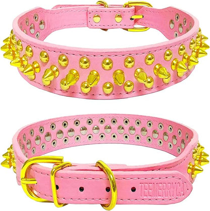 TEEMERRYCA Pink Leather Gold Spiked Studded Dog Collar for Female Puppy Small Medium Large Pets,Pit Bulls Bulldog, Keep Dog Safe from Grabbing by Huge Dogs, XS 8.3"-10.6"
