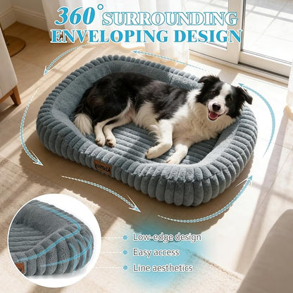 Orthopedic Dog Bed for Large Dogs, Comfort-Sided Calming Pet Bed with Breathable Memory Foam, Plush Faux Rabbit Fur & Non-Slip Bottom, Machine Washable with Carry Handle, 35"x27"x5.5", Grey