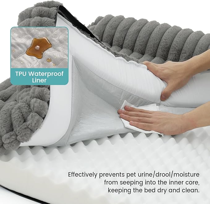 Cute Dog Bed for Large Dogs, Faux Rabbit Fur Orthopedic Foam Dog Bed with Sides, Removable Washable Cover & Waterproof Lining, Comfortable Pet Couch, Grey (44" L x 32" W x 7" Th)