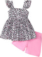 Toddler Baby Girls Summer Clothes Outfits Ruffled Sleeve Dinosaur Shirt Leopard Tops and Shorts Pants Sets 2PCS